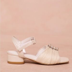 Ivy City Mini Ivy Bow Heel Elegant Cream Sandals with Pearl Accents